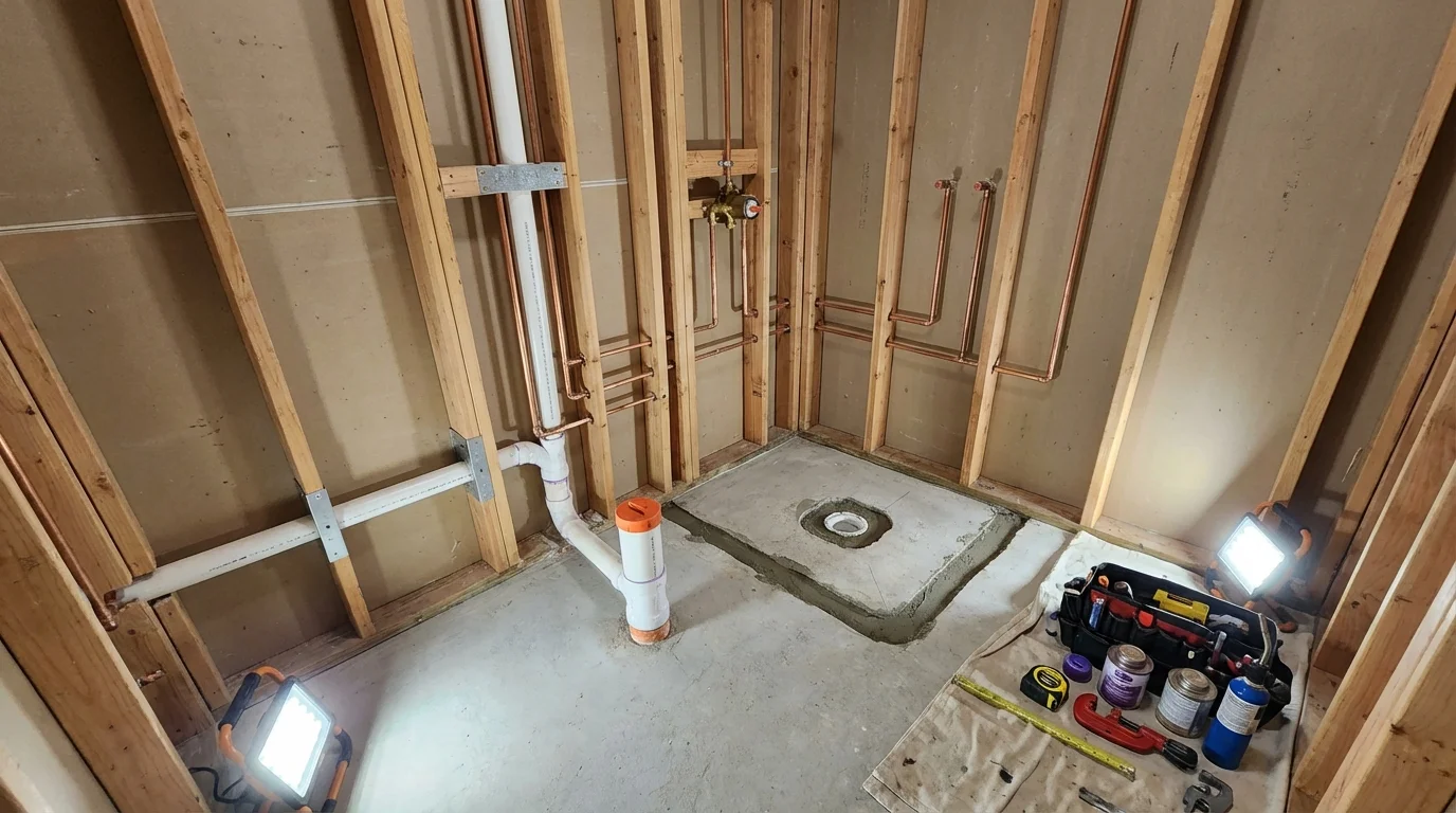 Bathroom rough-in plumbing during remodel by Johns Plumbing LLC in Meadview