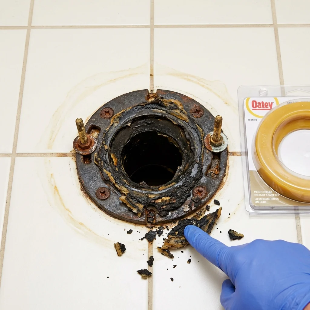 Failed wax ring showing water seepage at the base of a toilet in a Meadview, AZ home